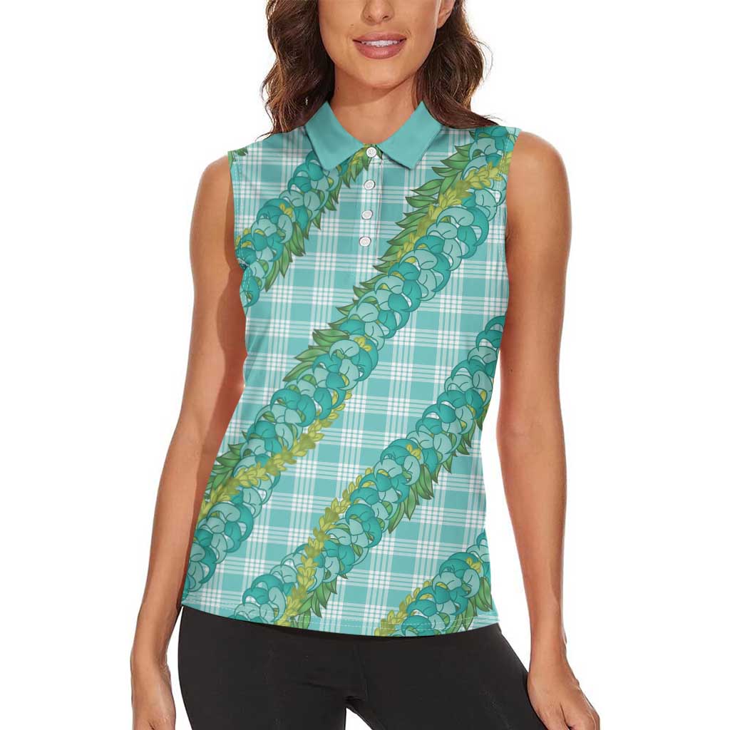 Hawaii Jade Vine Lei Women Sleeveless Polo Shirt Aloha Palaka Motif - Turquoise - Polynesian Pride