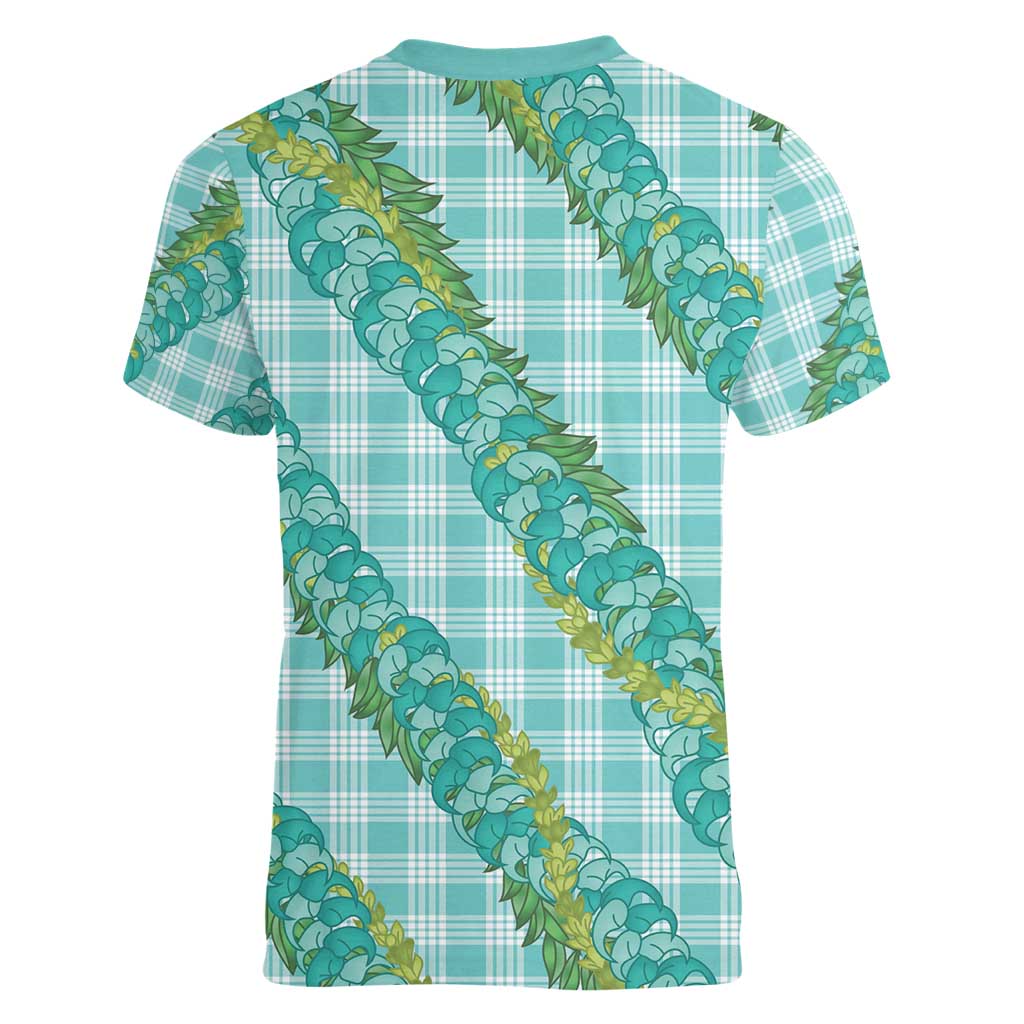 Hawaii Jade Vine Lei Women V-Neck T-Shirt Aloha Palaka Motif - Turquoise - Polynesian Pride