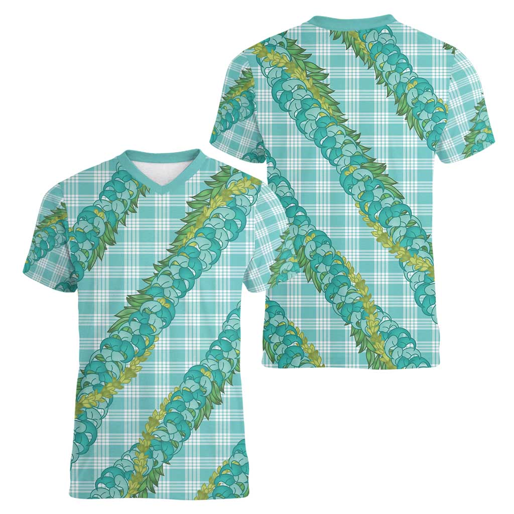 Hawaii Jade Vine Lei Women V-Neck T-Shirt Aloha Palaka Motif - Turquoise - Polynesian Pride