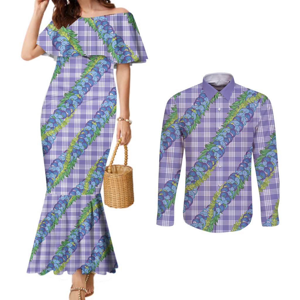 Hawaii Jade Vine Lei Couples Matching Mermaid Dress and Long Sleeve Button Shirt Aloha Palaka Motif - Purple - Polynesian Pride