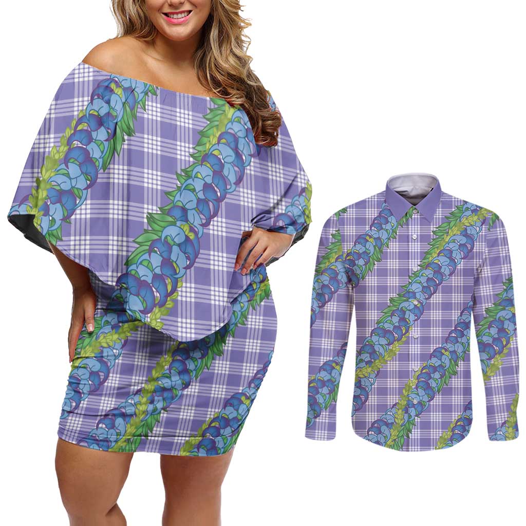 Hawaii Jade Vine Lei Couples Matching Off Shoulder Short Dress and Long Sleeve Button Shirt Aloha Palaka Motif - Purple - Polynesian Pride