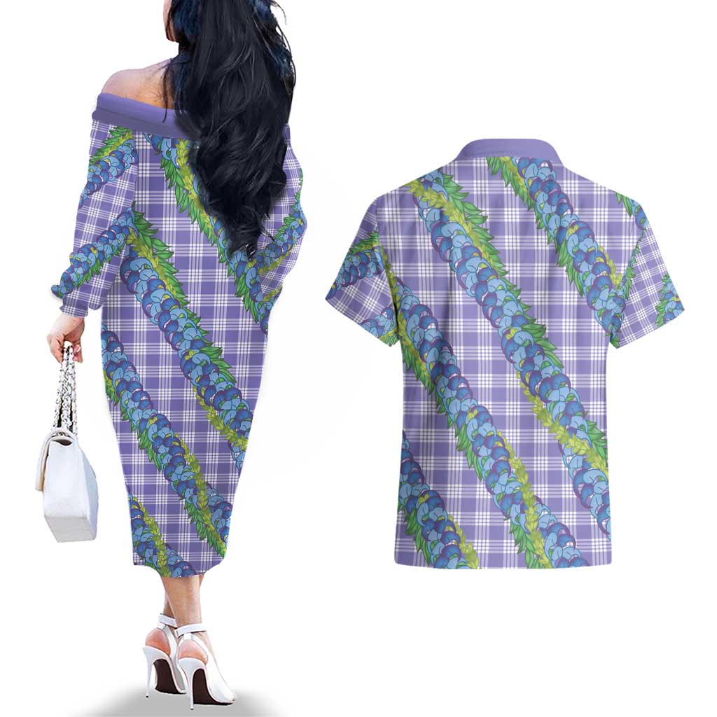 Hawaii Jade Vine Lei Couples Matching Off The Shoulder Long Sleeve Dress and Hawaiian Shirt Aloha Palaka Motif - Purple - Polynesian Pride