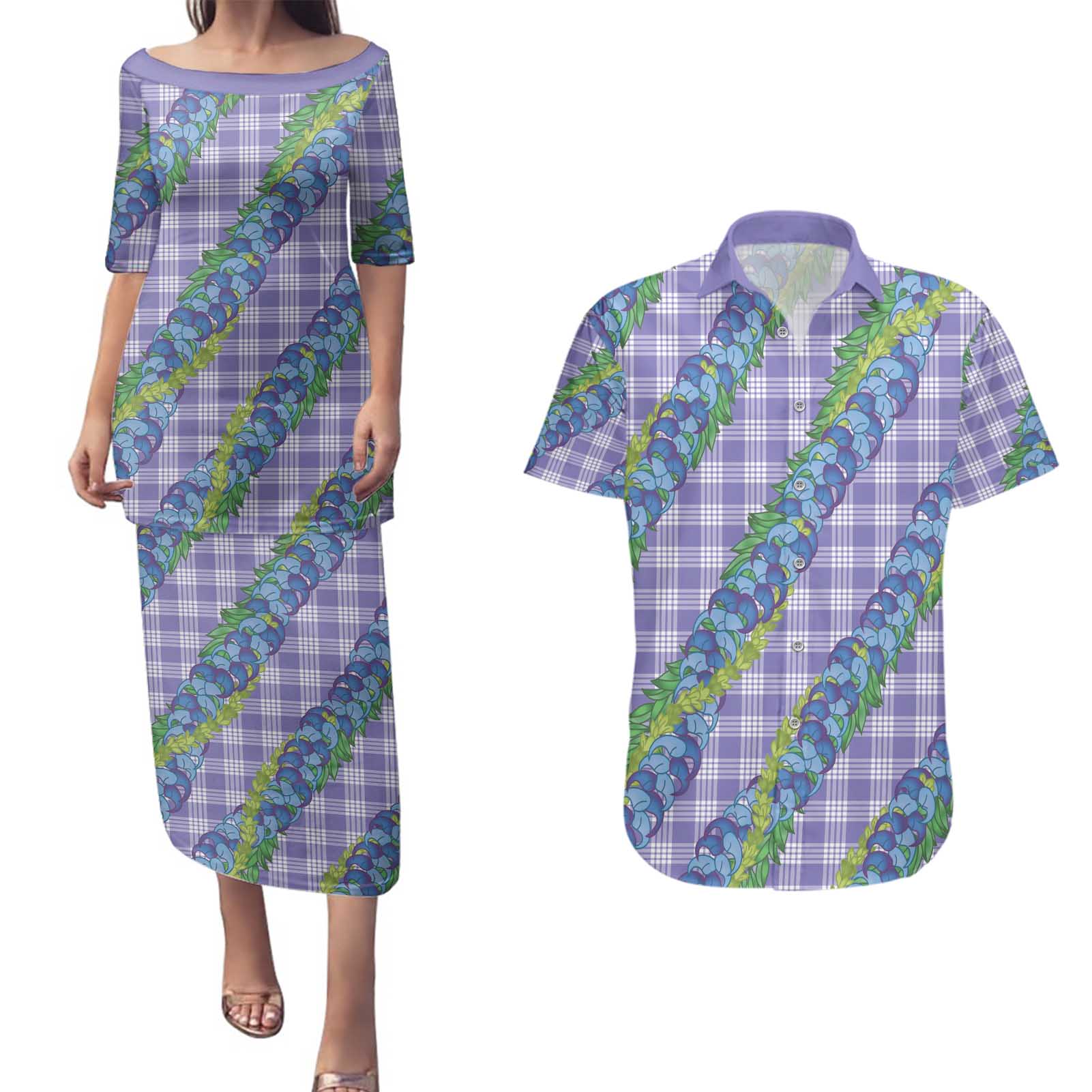 Hawaii Jade Vine Lei Couples Matching Puletasi and Hawaiian Shirt Aloha Palaka Motif - Purple - Polynesian Pride