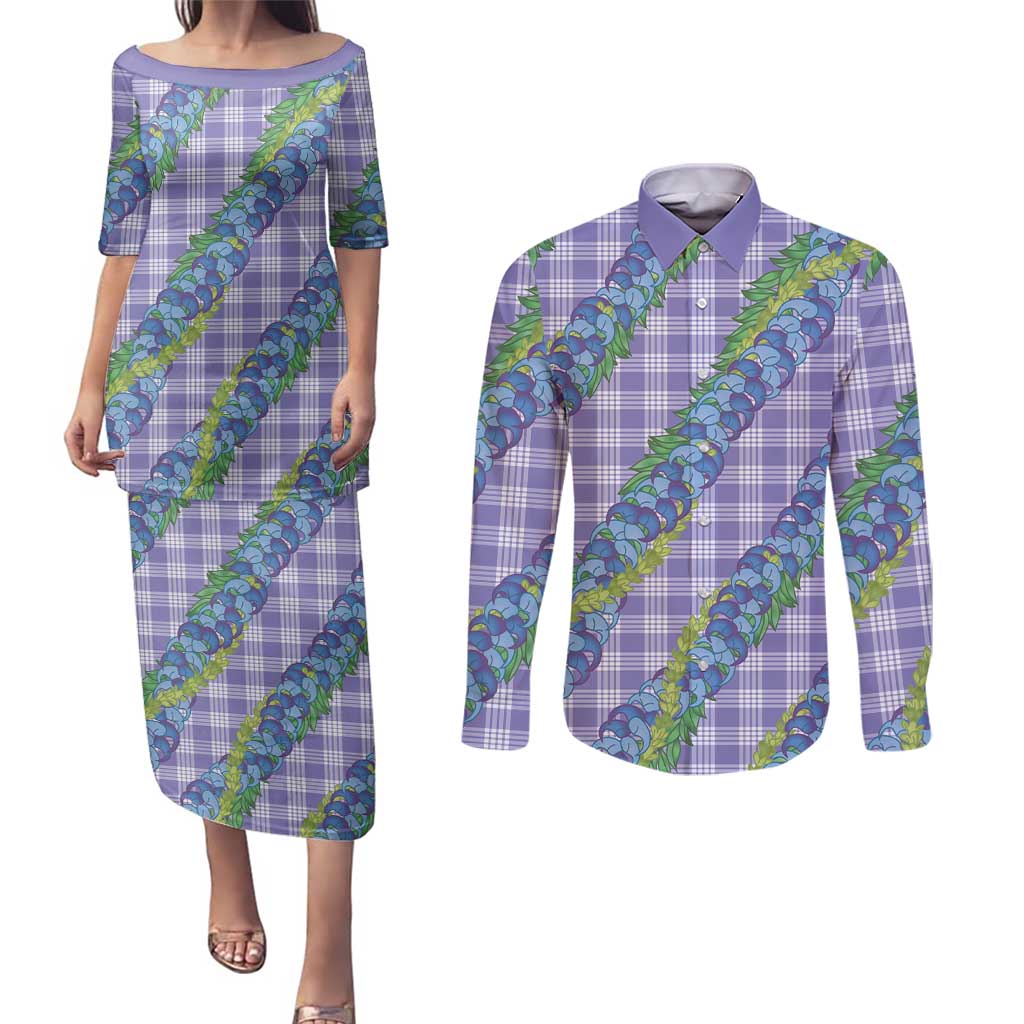 Hawaii Jade Vine Lei Couples Matching Puletasi and Long Sleeve Button Shirt Aloha Palaka Motif - Purple - Polynesian Pride
