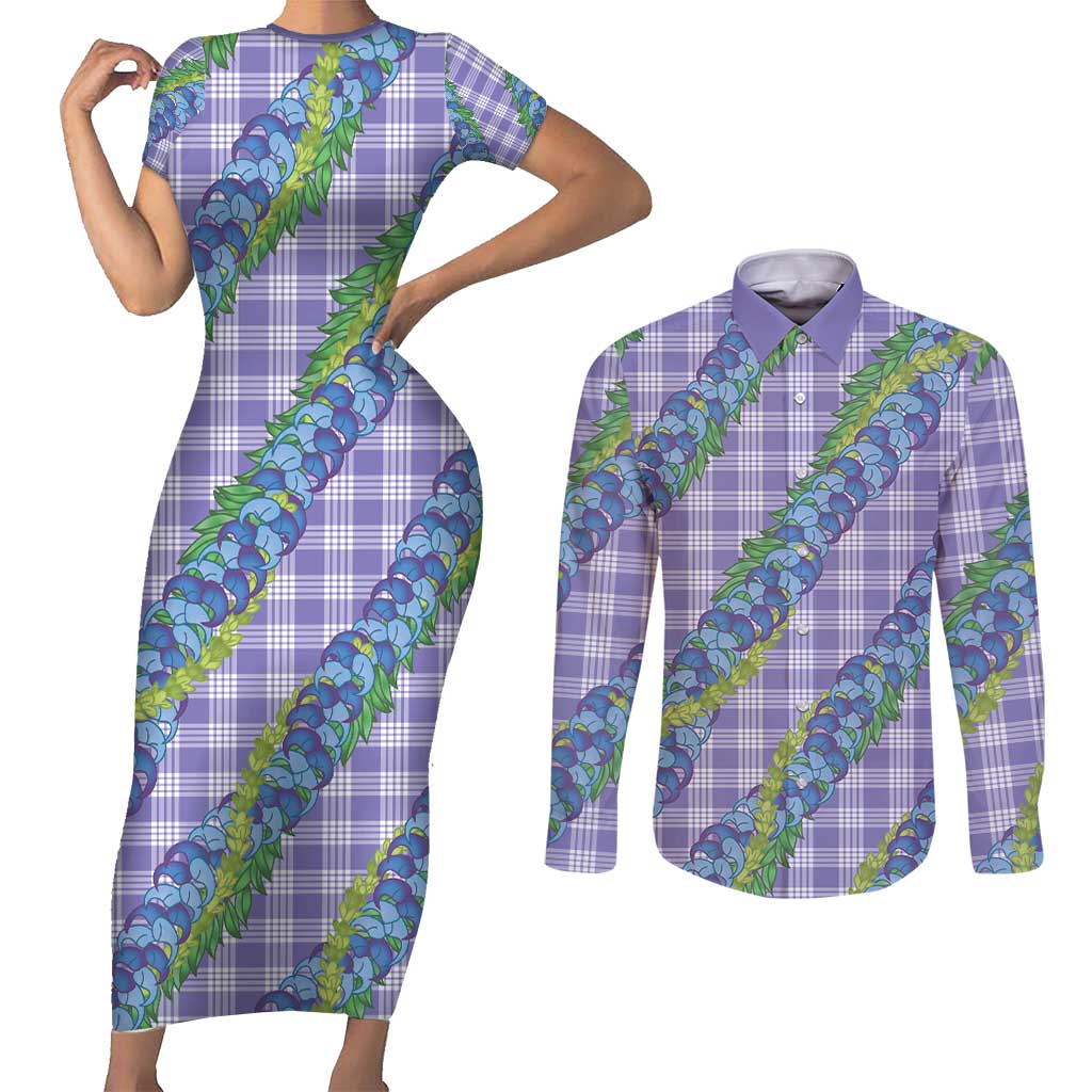 Hawaii Jade Vine Lei Couples Matching Short Sleeve Bodycon Dress and Long Sleeve Button Shirt Aloha Palaka Motif - Purple - Polynesian Pride