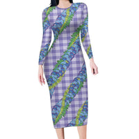 Hawaii Jade Vine Lei Family Matching Long Sleeve Bodycon Dress and Hawaiian Shirt Aloha Palaka Motif - Purple LT14 Mom's Dress Purple - Polynesian Pride