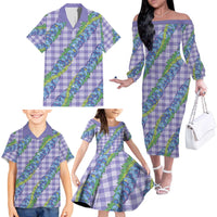 Hawaii Jade Vine Lei Family Matching Off The Shoulder Long Sleeve Dress and Hawaiian Shirt Aloha Palaka Motif - Purple - Polynesian Pride