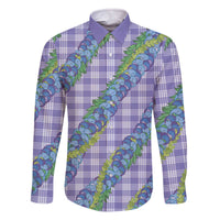 Hawaii Jade Vine Lei Family Matching Off The Shoulder Long Sleeve Dress and Hawaiian Shirt Aloha Palaka Motif - Purple - Polynesian Pride