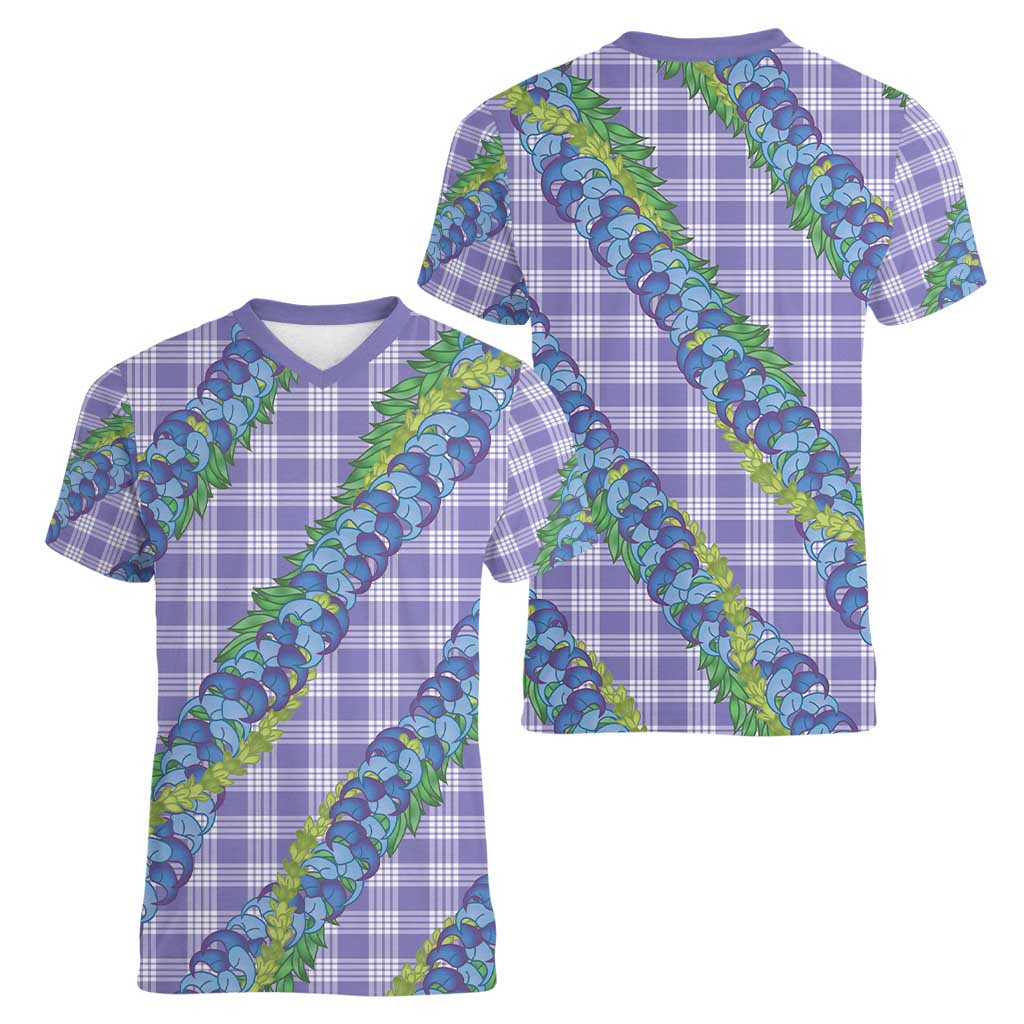 Hawaii Jade Vine Lei Women V-Neck T-Shirt Aloha Palaka Motif - Purple - Polynesian Pride