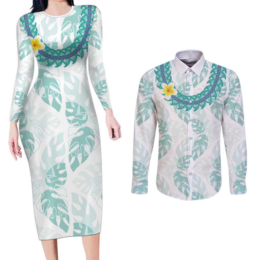 Jade Vine Lei Hawaii Couples Matching Long Sleeve Bodycon Dress and Long Sleeve Button Shirt Aloha Seamless Tropical Leaves - Polynesian Pride