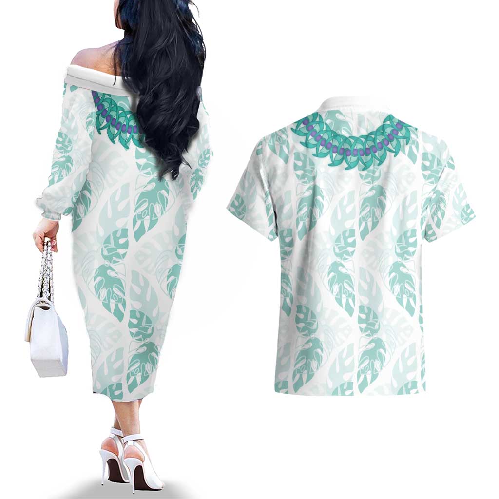 Jade Vine Lei Hawaii Couples Matching Off The Shoulder Long Sleeve Dress and Hawaiian Shirt Aloha Seamless Tropical Leaves - Polynesian Pride