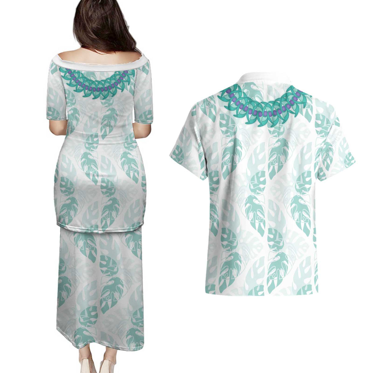 Jade Vine Lei Hawaii Couples Matching Puletasi and Hawaiian Shirt Aloha Seamless Tropical Leaves - Polynesian Pride
