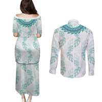 Jade Vine Lei Hawaii Couples Matching Puletasi and Long Sleeve Button Shirt Aloha Seamless Tropical Leaves - Polynesian Pride