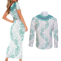 Jade Vine Lei Hawaii Couples Matching Short Sleeve Bodycon Dress and Long Sleeve Button Shirt Aloha Seamless Tropical Leaves - Polynesian Pride