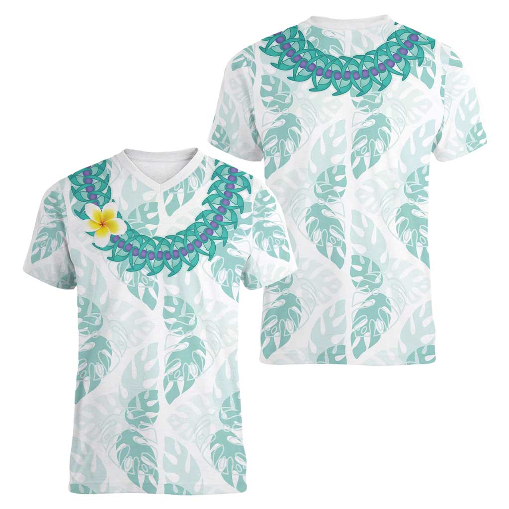 Jade Vine Lei Hawaii Women V-Neck T-Shirt Aloha Seamless Tropical Leaves - Polynesian Pride