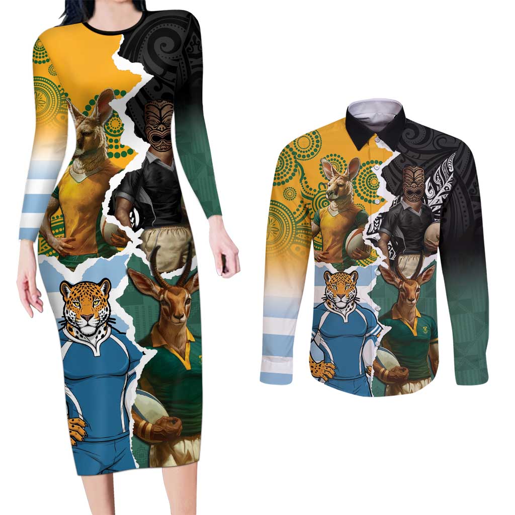 Personalised Rugby 2025 Championship Couples Matching Long Sleeve Bodycon Dress and Long Sleeve Button Shirt Southern Hemisphere Countries Mascots - Polynesian Pride