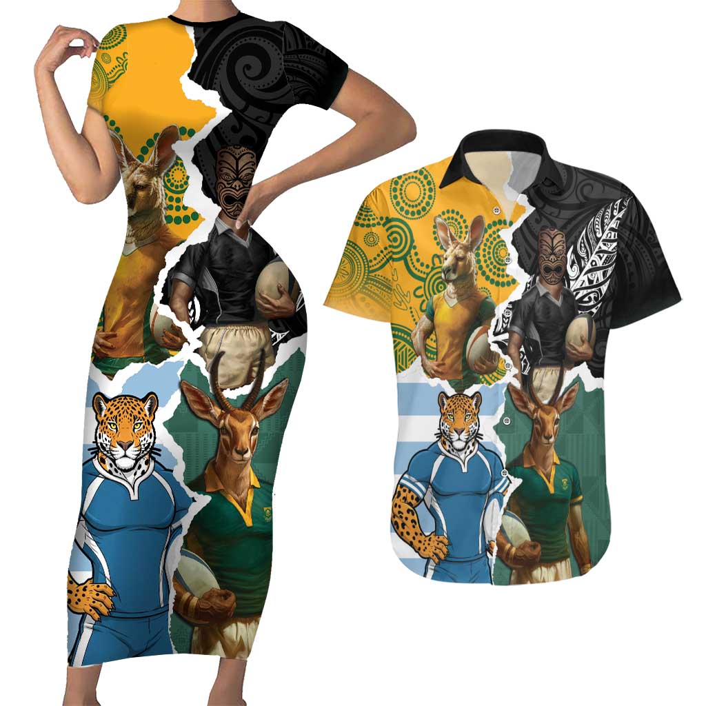 Personalised Rugby 2025 Championship Couples Matching Short Sleeve Bodycon Dress and Hawaiian Shirt Southern Hemisphere Countries Mascots - Polynesian Pride