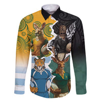 Personalised Rugby 2025 Championship Family Matching Long Sleeve Bodycon Dress and Hawaiian Shirt Southern Hemisphere Countries Mascots LT14 Dad's Shirt - Long Sleeve Black - Polynesian Pride