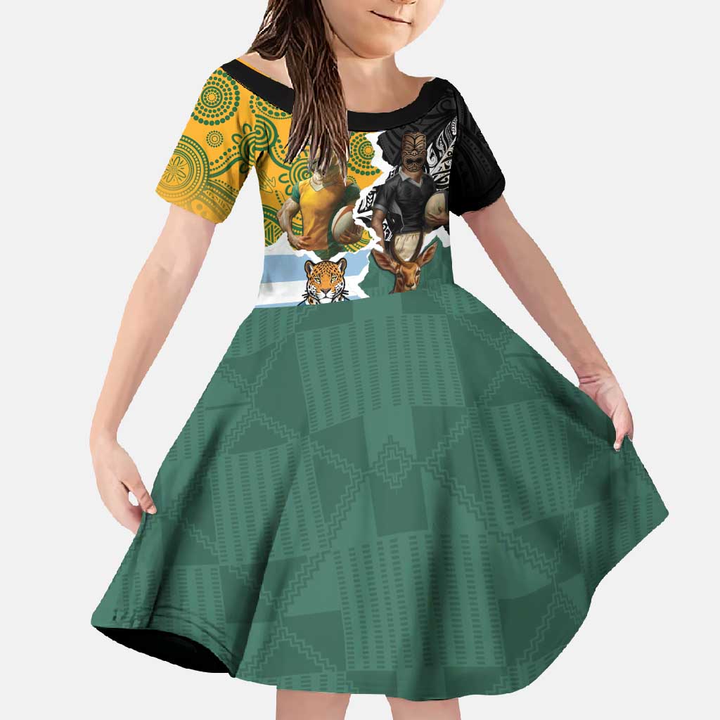 Personalised Rugby 2025 Championship Family Matching Mermaid Dress and Hawaiian Shirt Southern Hemisphere Countries Mascots LT14 Daughter's Dress Black - Polynesian Pride