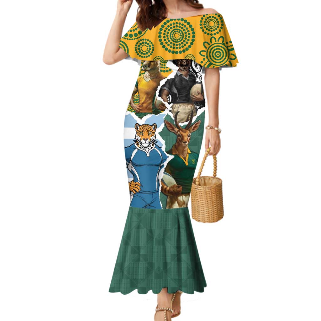 Personalised Rugby 2025 Championship Family Matching Mermaid Dress and Hawaiian Shirt Southern Hemisphere Countries Mascots LT14 Mom's Dress Black - Polynesian Pride