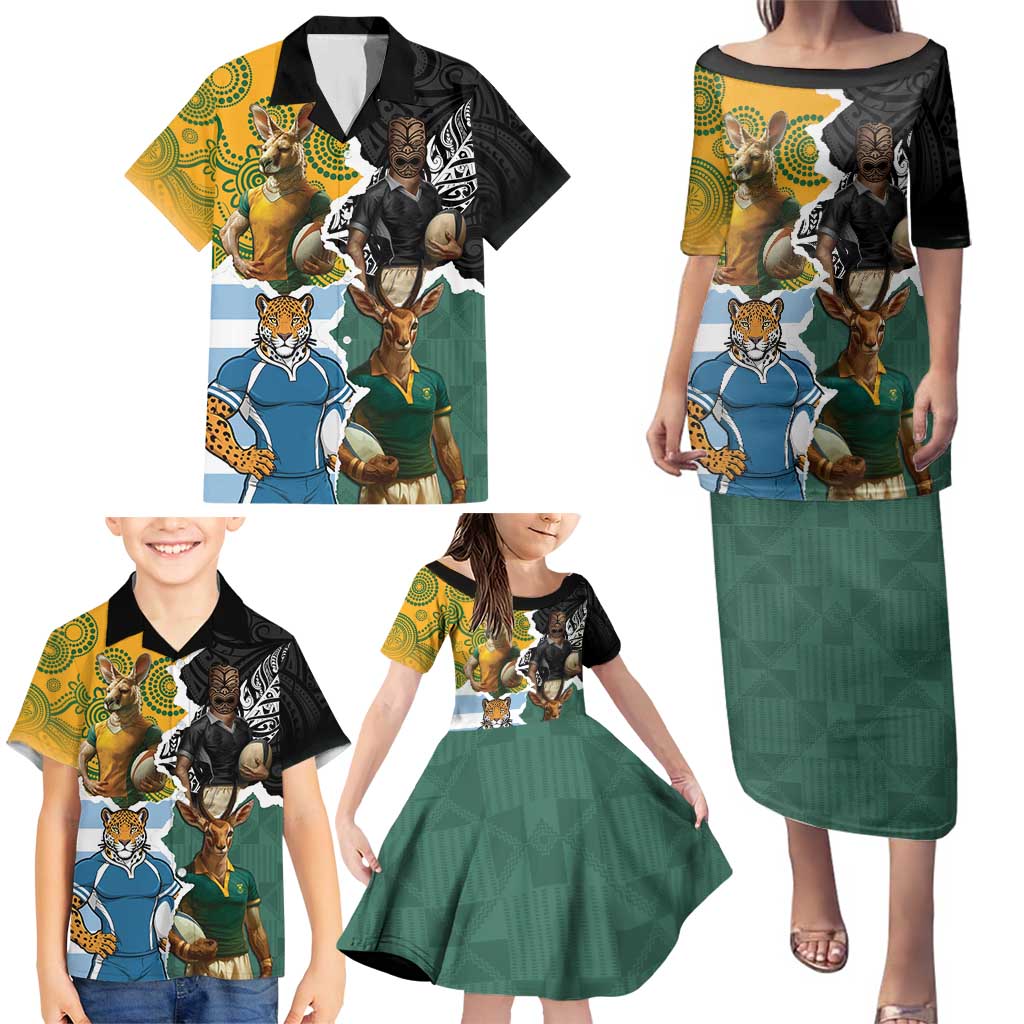 Personalised Rugby 2025 Championship Family Matching Puletasi and Hawaiian Shirt Southern Hemisphere Countries Mascots - Polynesian Pride