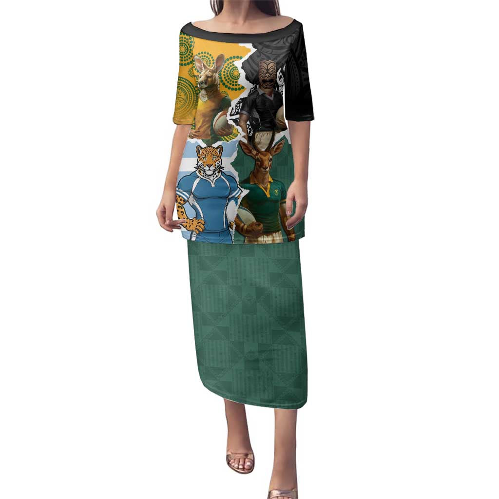 Personalised Rugby 2025 Championship Family Matching Puletasi and Hawaiian Shirt Southern Hemisphere Countries Mascots LT14 Mom's Dress Black - Polynesian Pride
