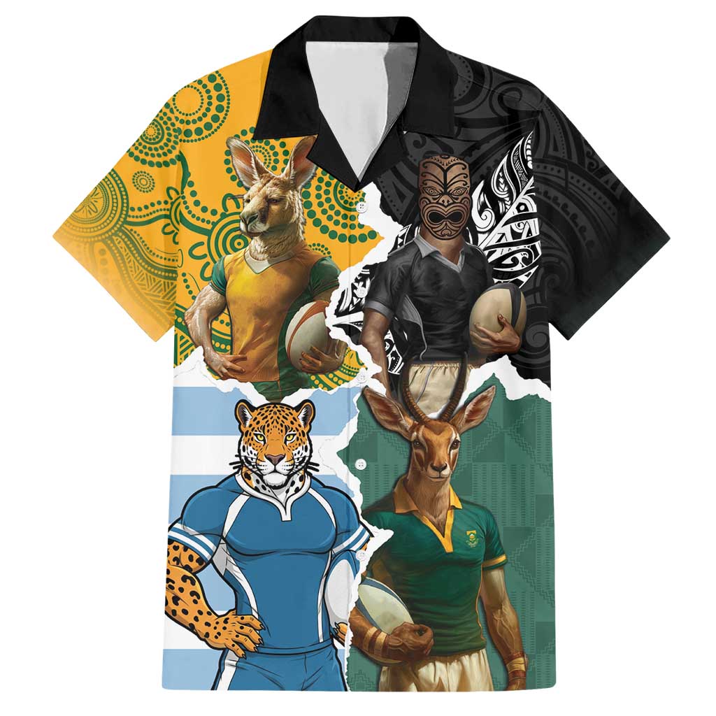 Personalised Rugby 2025 Championship Family Matching Short Sleeve Bodycon Dress and Hawaiian Shirt Southern Hemisphere Countries Mascots LT14 Dad's Shirt - Short Sleeve Black - Polynesian Pride