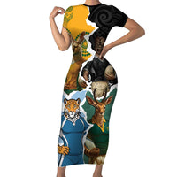 Personalised Rugby 2025 Championship Family Matching Short Sleeve Bodycon Dress and Hawaiian Shirt Southern Hemisphere Countries Mascots LT14 Mom's Dress Black - Polynesian Pride