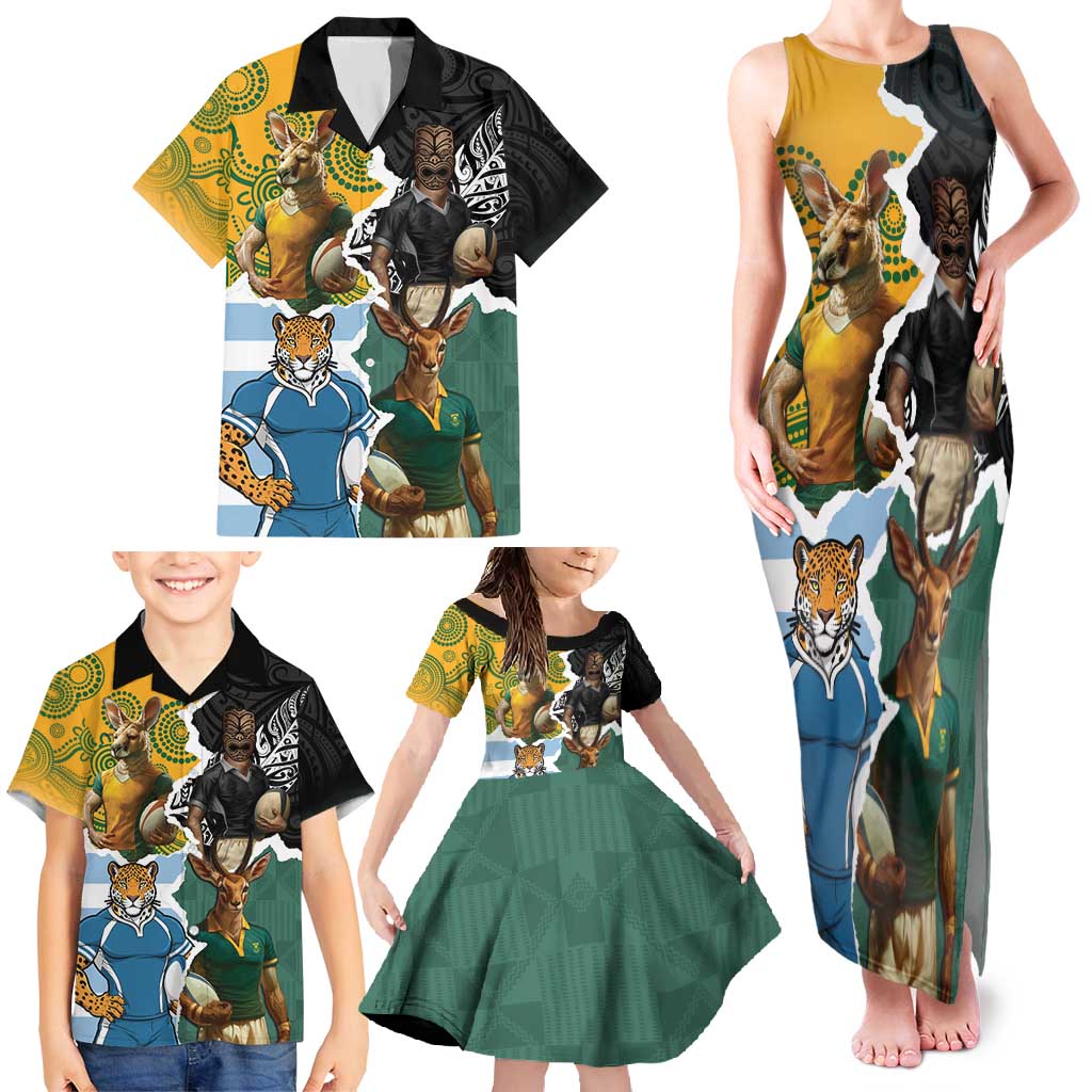 Personalised Rugby 2025 Championship Family Matching Tank Maxi Dress and Hawaiian Shirt Southern Hemisphere Countries Mascots - Polynesian Pride