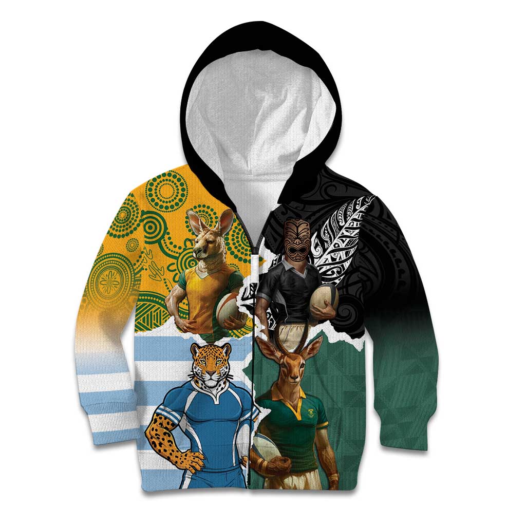 Personalised Rugby 2025 Championship Kid Hoodie Southern Hemisphere Countries Mascots - Polynesian Pride