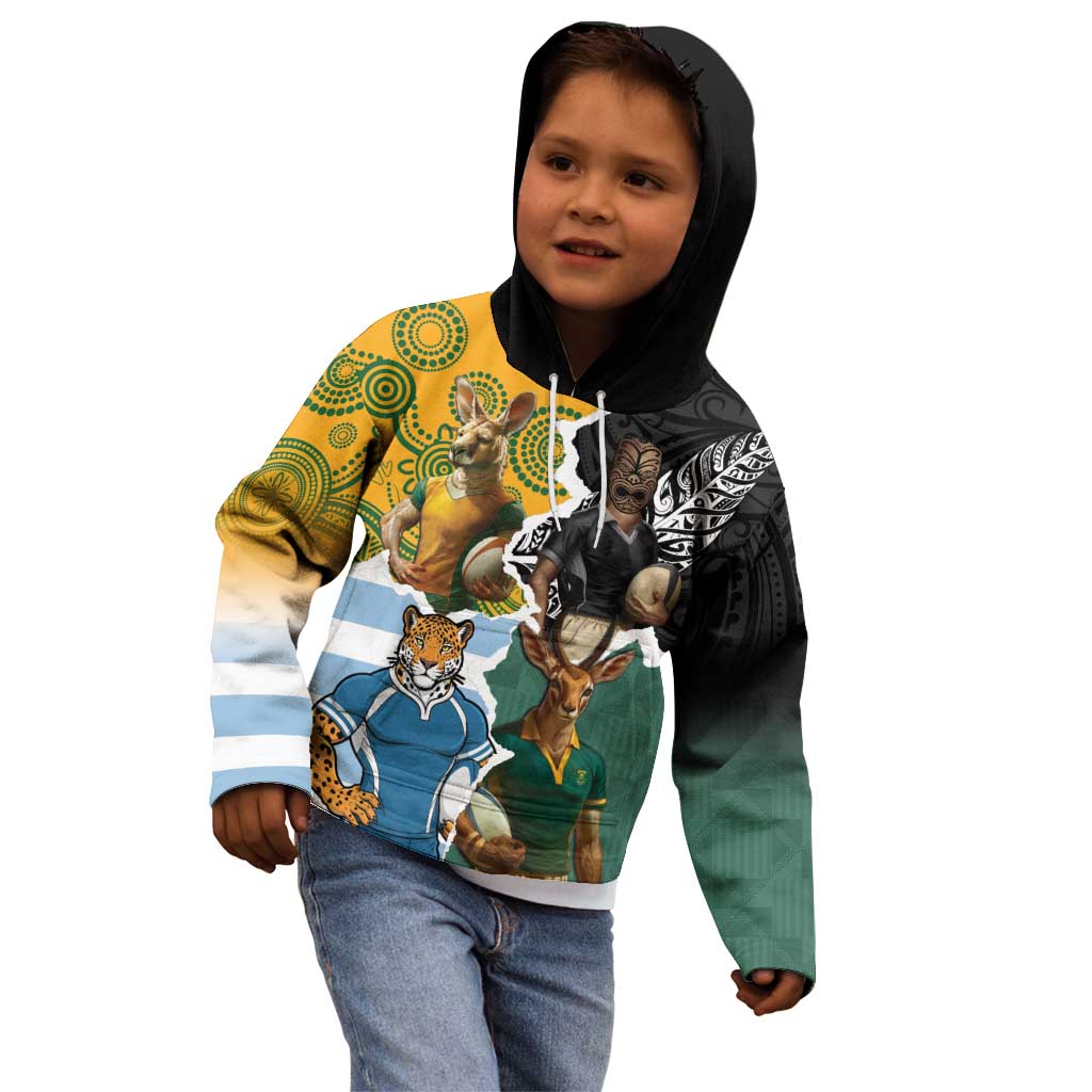Personalised Rugby 2025 Championship Kid Hoodie Southern Hemisphere Countries Mascots - Polynesian Pride