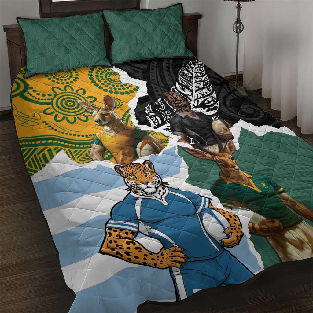 Rugby 2025 Championship Quilt Bed Set Southern Hemisphere Countries Mascots - Polynesian Pride