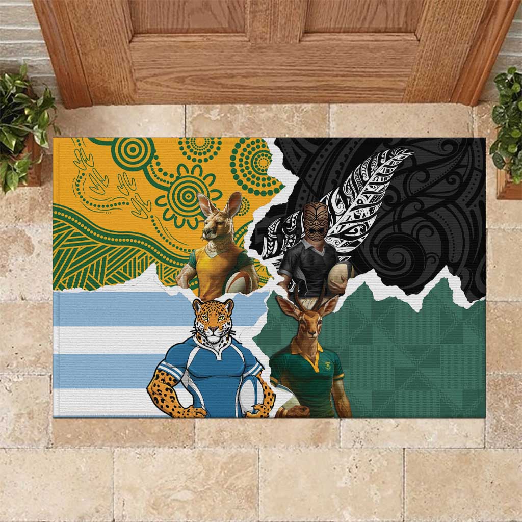 Rugby 2025 Championship Rubber Doormat Southern Hemisphere Countries Mascots LT14 Black - Polynesian Pride