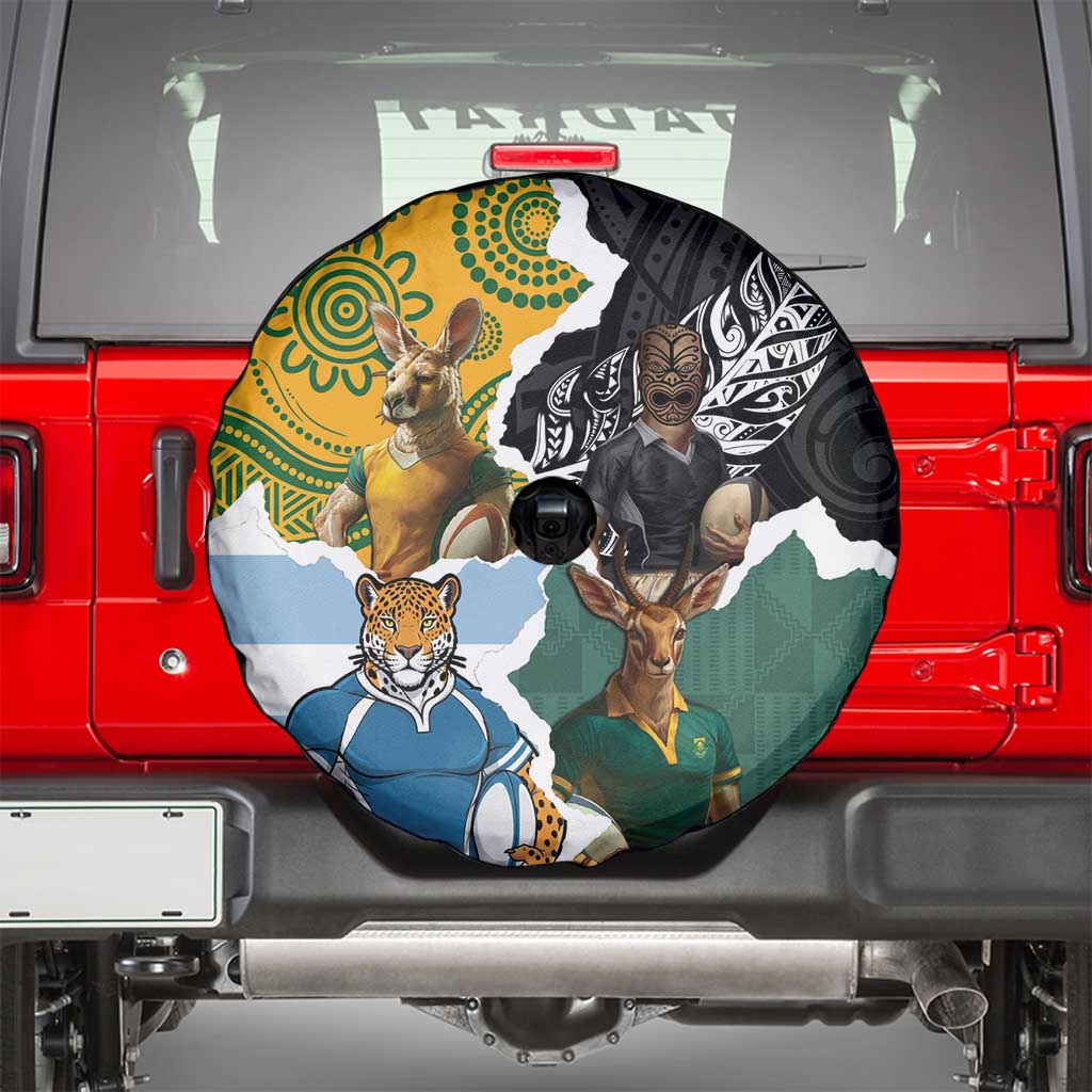 Rugby 2025 Championship Spare Tire Cover Southern Hemisphere Countries Mascots - Polynesian Pride