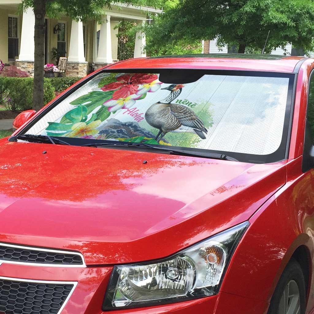 Aloha Hawaii Nene Goose Auto Sun Shade Tropical Flowers Watercolor Stylized - Polynesian Pride