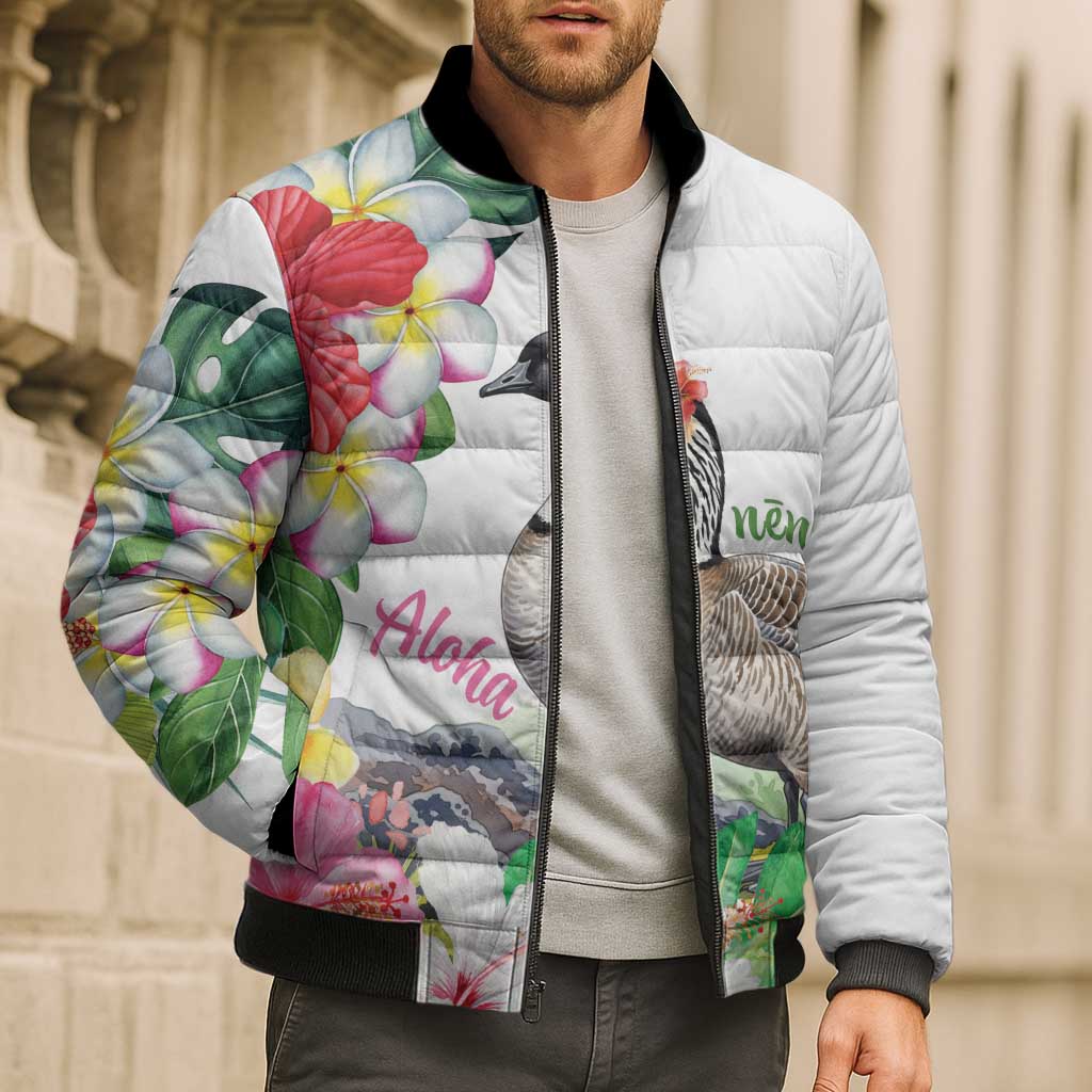 Aloha Hawaii Nene Goose Bomber Puffer Jacket Tropical Flowers Watercolor Stylized - Polynesian Pride