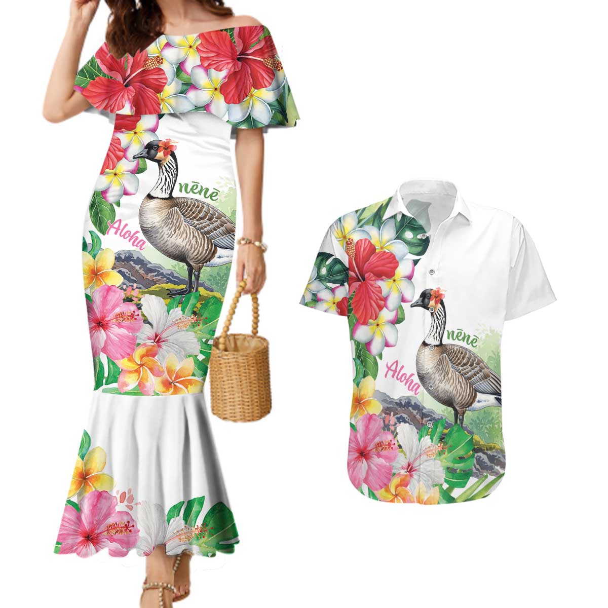 Aloha Hawaii Nene Goose Couples Matching Mermaid Dress and Hawaiian Shirt Tropical Flowers Watercolor Stylized - Polynesian Pride