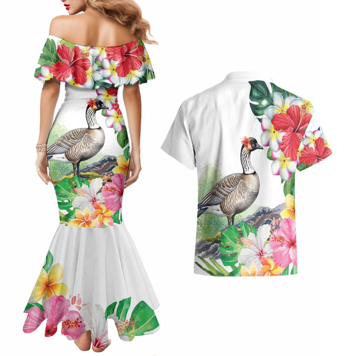 Aloha Hawaii Nene Goose Couples Matching Mermaid Dress and Hawaiian Shirt Tropical Flowers Watercolor Stylized LT14 - Polynesian Pride