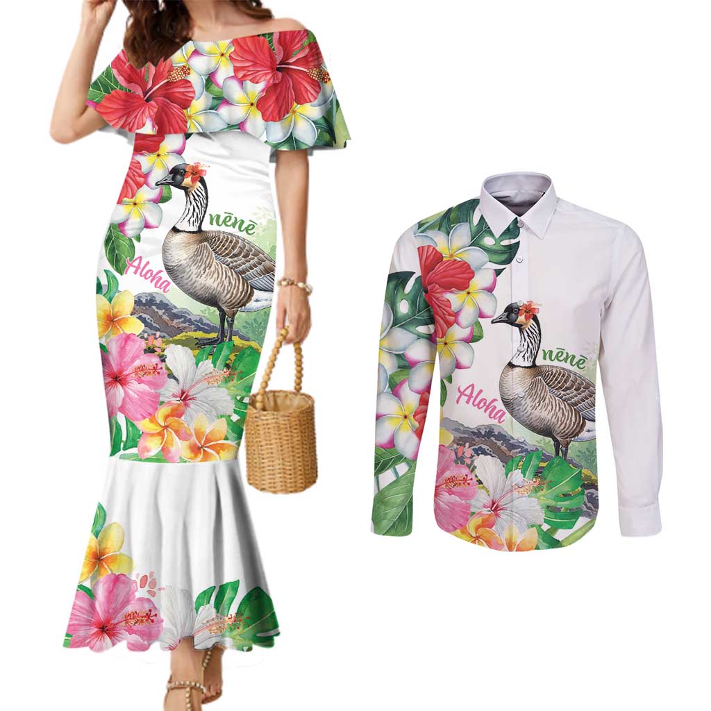 Aloha Hawaii Nene Goose Couples Matching Mermaid Dress and Long Sleeve Button Shirt Tropical Flowers Watercolor Stylized - Polynesian Pride