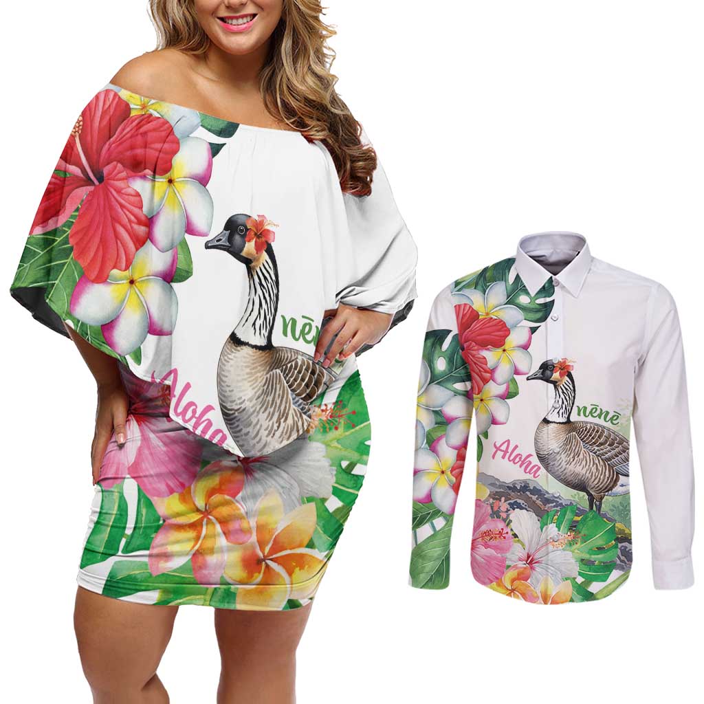 Aloha Hawaii Nene Goose Couples Matching Off Shoulder Short Dress and Long Sleeve Button Shirt Tropical Flowers Watercolor Stylized - Polynesian Pride