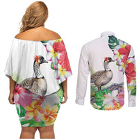 Aloha Hawaii Nene Goose Couples Matching Off Shoulder Short Dress and Long Sleeve Button Shirt Tropical Flowers Watercolor Stylized - Polynesian Pride