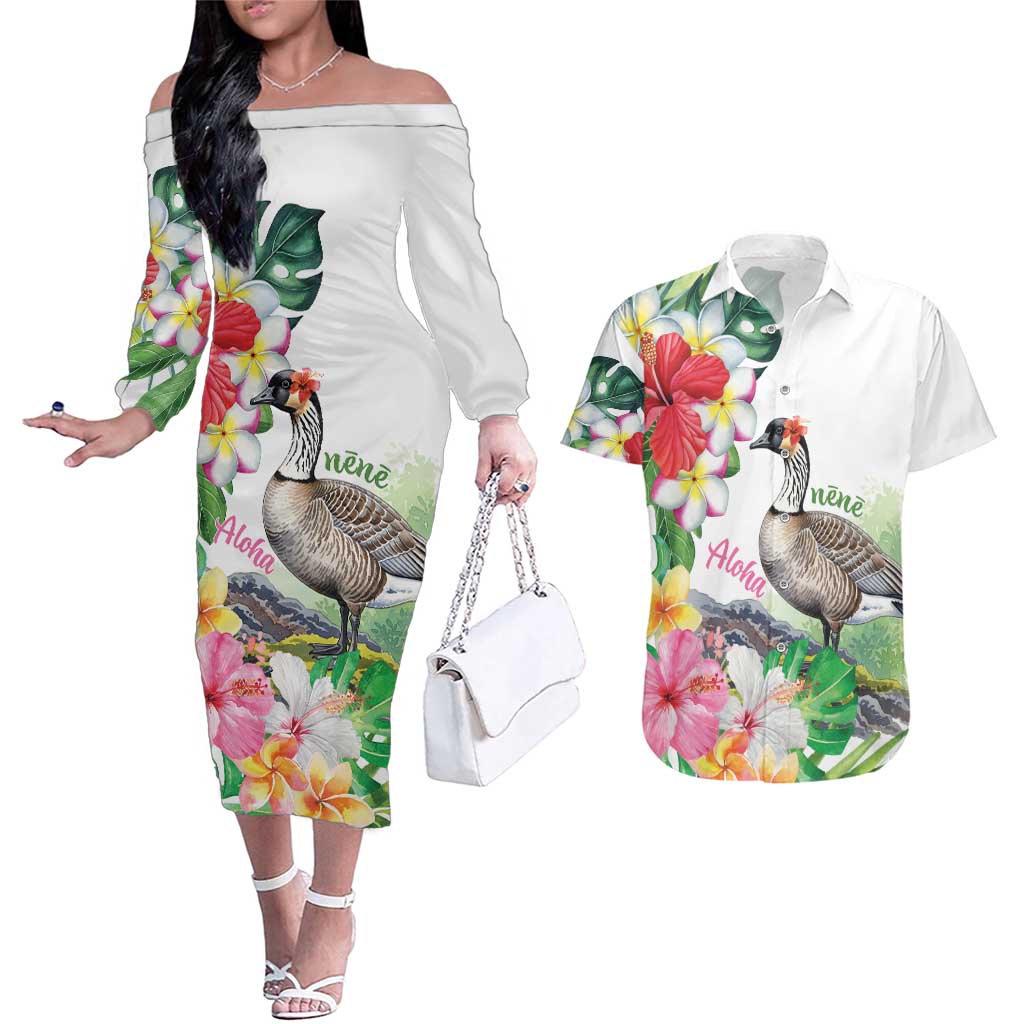 Aloha Hawaii Nene Goose Couples Matching Off The Shoulder Long Sleeve Dress and Hawaiian Shirt Tropical Flowers Watercolor Stylized LT14 White - Polynesian Pride
