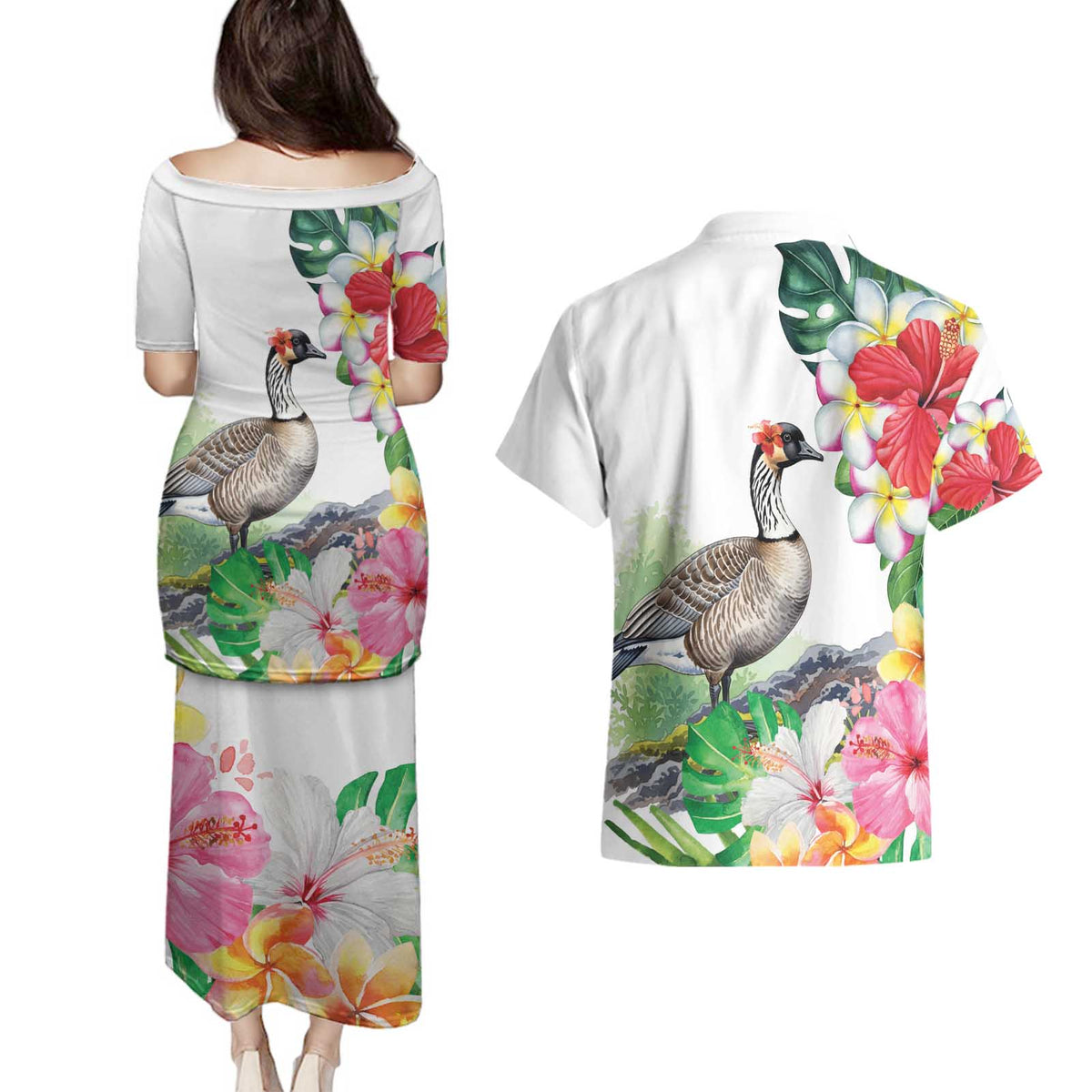 Aloha Hawaii Nene Goose Couples Matching Puletasi and Hawaiian Shirt Tropical Flowers Watercolor Stylized - Polynesian Pride