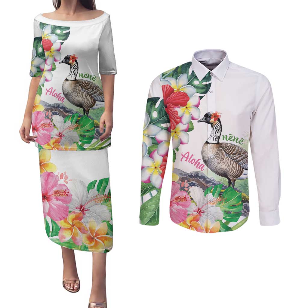 Aloha Hawaii Nene Goose Couples Matching Puletasi and Long Sleeve Button Shirt Tropical Flowers Watercolor Stylized - Polynesian Pride