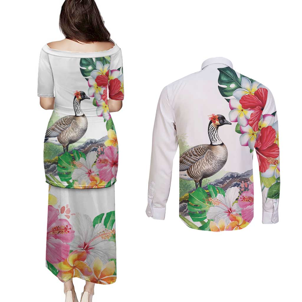 Aloha Hawaii Nene Goose Couples Matching Puletasi and Long Sleeve Button Shirt Tropical Flowers Watercolor Stylized - Polynesian Pride