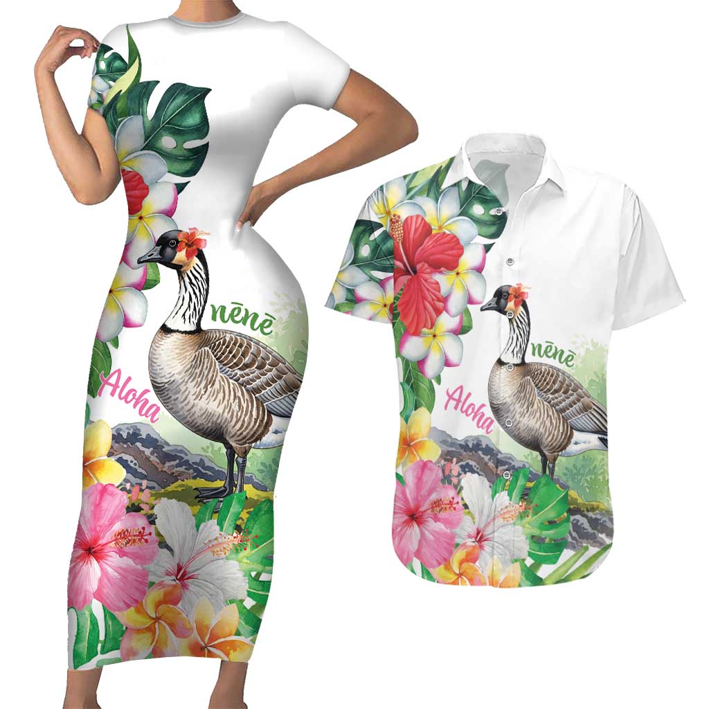 Aloha Hawaii Nene Goose Couples Matching Short Sleeve Bodycon Dress and Hawaiian Shirt Tropical Flowers Watercolor Stylized LT14 White - Polynesian Pride