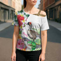 Aloha Hawaii Nene Goose Cross Shoulder Shirt Tropical Flowers Watercolor Stylized - Polynesian Pride