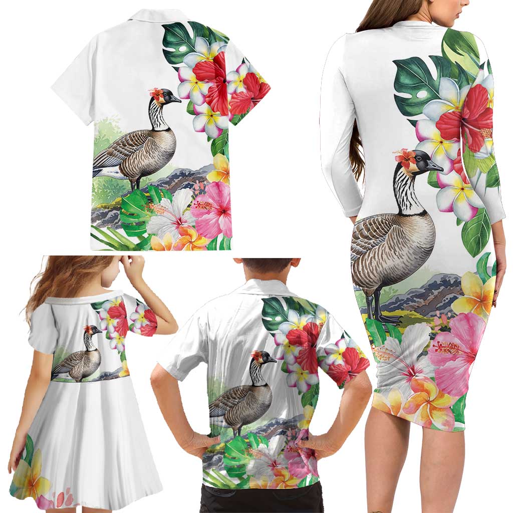 Aloha Hawaii Nene Goose Family Matching Long Sleeve Bodycon Dress and Hawaiian Shirt Tropical Flowers Watercolor Stylized - Polynesian Pride