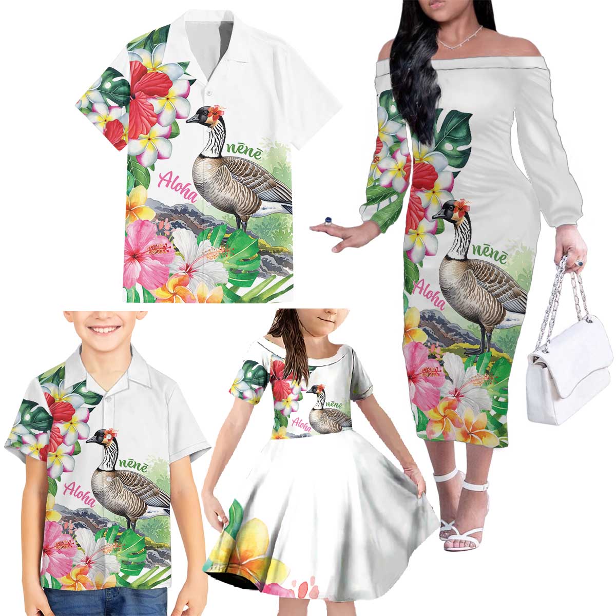 Aloha Hawaii Nene Goose Family Matching Off The Shoulder Long Sleeve Dress and Hawaiian Shirt Tropical Flowers Watercolor Stylized - Polynesian Pride