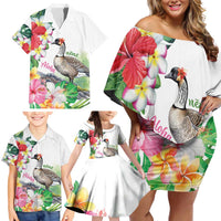 Aloha Hawaii Nene Goose Family Matching Off Shoulder Short Dress and Hawaiian Shirt Tropical Flowers Watercolor Stylized - Polynesian Pride